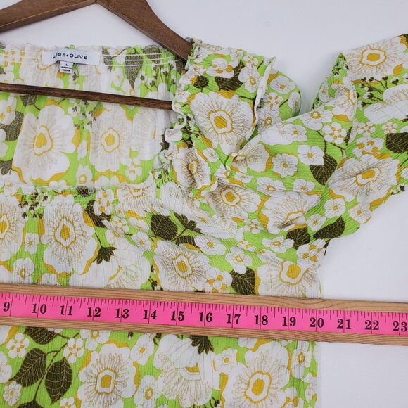Boho Floral Crinkle Blouse Ruffle Neck Lime Green Top L Cottagecore Peasant - Picture 15 of 16